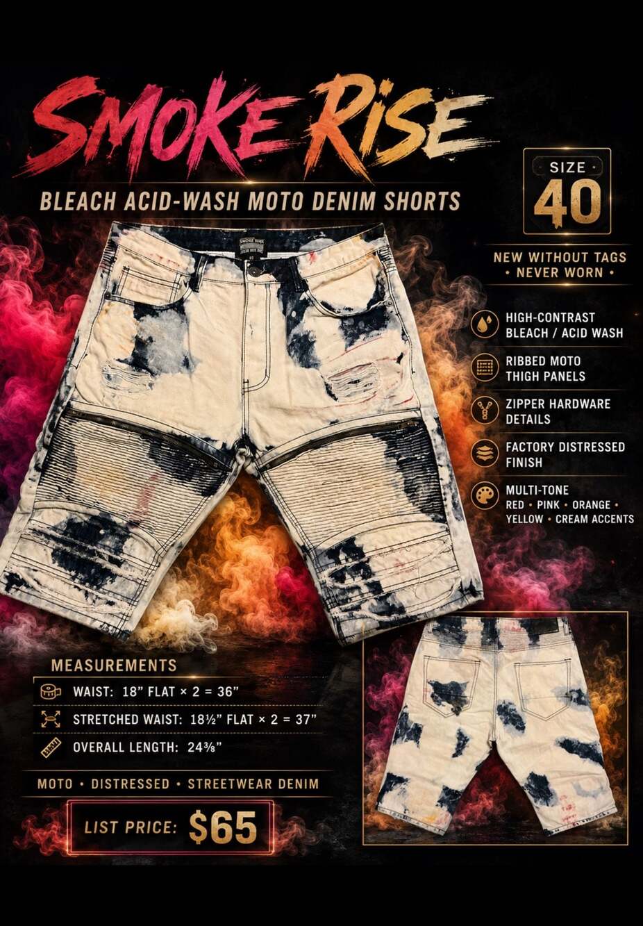 Smoke Rise Bleach Acid-Wash Moto Denim Shorts
